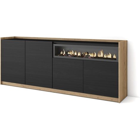 Skraut Home - Aparadores para salón, 207x37x80cm, 4 Puertas, Chimenea eléctrica, Negro y roble (1/5)