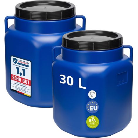 Garronda Lot de 2 fûts alimentaires carrés 30 L en HDPE sans BPA, à large ouverture avec couvercle, pour eau, aliments, choucroute et fermentation, bleu GD-0134