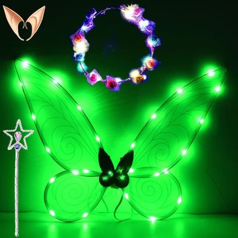 BelleRise - Ailes de fée scintillantes pour adultes, serre-têtes LED pour carnaval et fêtes à thème, vert étoilé (1/5)