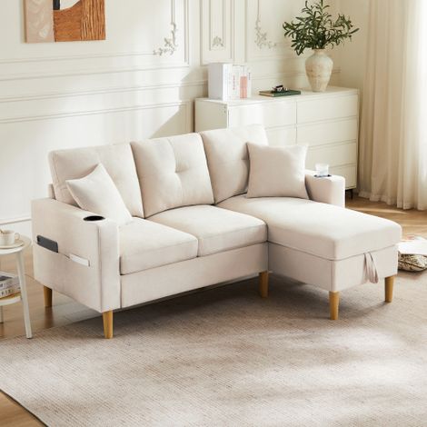 Canapé d'angle – 3 places (avec méridienne), avec espace de rangement et porte-gobelets intégrés  comprend 2 coussins décoratifs  convient aux salons, bureaux, appartements et espaces similaires.