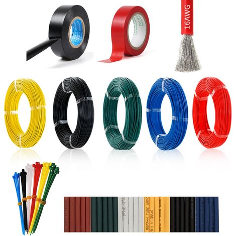 Câble d'alimentation en fil électrique en silicone super flexible 16 AWG, 5 couleurs x 13 pieds, fil de cuivre étamé toronné, ruban électrique haute et basse température et d'outillage inclus (1/5)