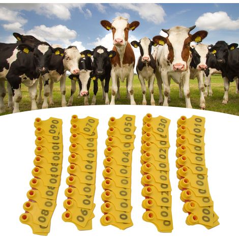 Packung mit 100 TPU-Ohrmarken für Schweine und Rinder, nummeriert von 001 bis 100 – Zubehör für die Tierhaltung – Gelb (1/5)