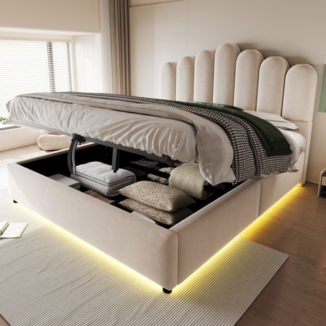 Cama tapizada 209x145.5x111 cm con almacenaje hidráulico, LED multicolor, cabecero acolchado, terciopelo beige (1/5)