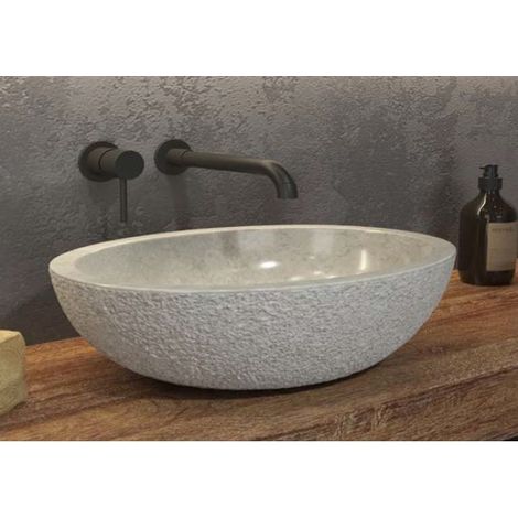Vasque ovale LEONOR GREY à poser 45x35 x15 cm en pierre (1/2)