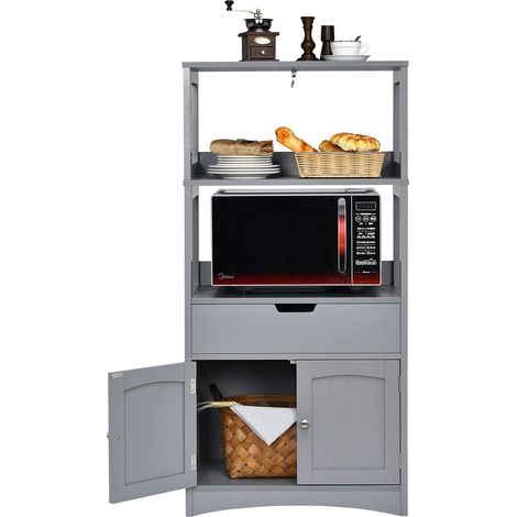 COSTWAY Armadietto del bagno con cassetto e mensola, armadio con 2 mensole aperte e 2 ante, armadietto per cucina, ingresso, salone e camera da letto, armadietto in legno (Grigio)