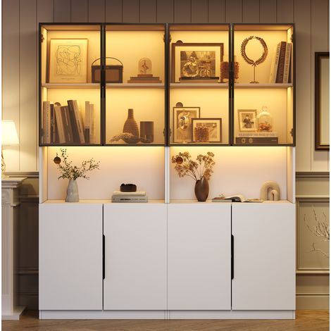 Vitrine de salon 160x30x200 cm avec portes en verre et LED, blanche (1/5)
