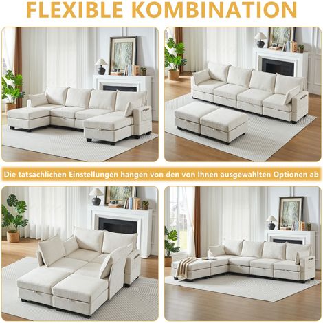 Canapé modulaire en chenille, canapé d'angle pour salon, sofa en U avec pouf de rangement, canapé 6 places avec méridienne (1/5)