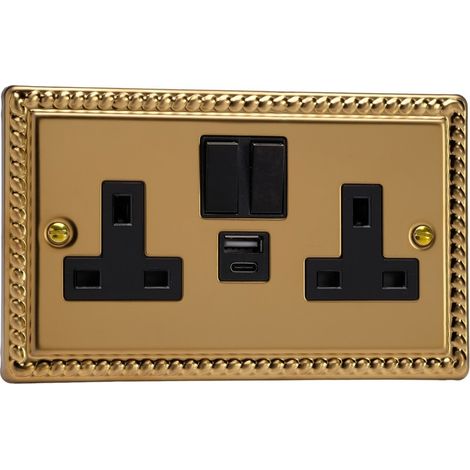 Varilight 2-Gang Switched Socket with 20W Shared USB-A & USB-C Charging Ports, Black