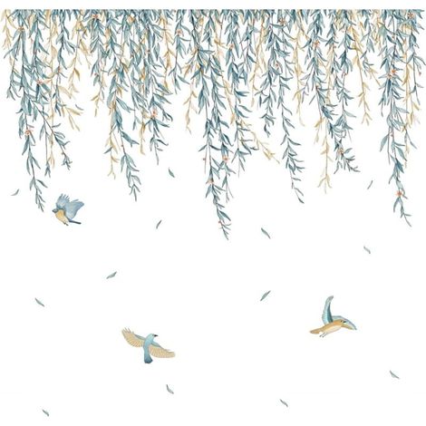 Wandaufkleber mit Weidenblättern, Hängepflanzen, Vogelranken, Efeublättern, Pflanzen, Wanddekoration für Wohnzimmer, Schlafzimmer und Flur. (1/4)