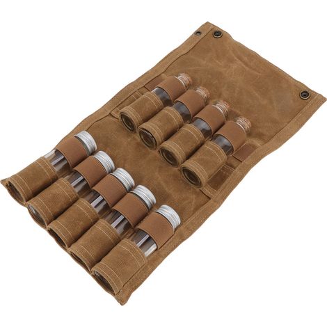 Sac à épices en toile cirée, sac de rangement portable pour épices avec 9 flacons en verre, couleur kaki, idéal pour le camping et les activités de plein air. (1/5)