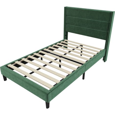 Letto capitonné 90 x 200 cm con rete a doghe e testiera, velluto verde scuro (1/5)