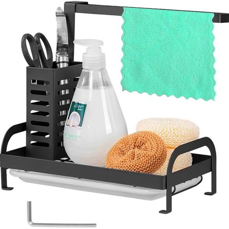 Organizador para fregadero de cocina, almacenamiento para detergente/esponja/cuchara en el fregadero, soporte para esponja de cocina con bandeja de drenaje, soporte para esponja de fregadero con paño  (1/5)