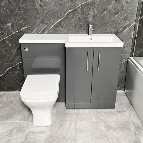 Arno Grey 1100mm Vanity Bathroom Suite Sink + Toilet Unit L Shape - Right Hand, With Standard Pan-Without Tap (1/5)