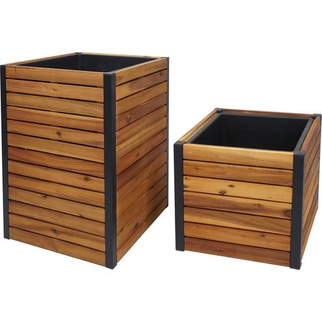 Set 2x vasi quadrato alto HHG-582 alluminio legno acacia legno naturale