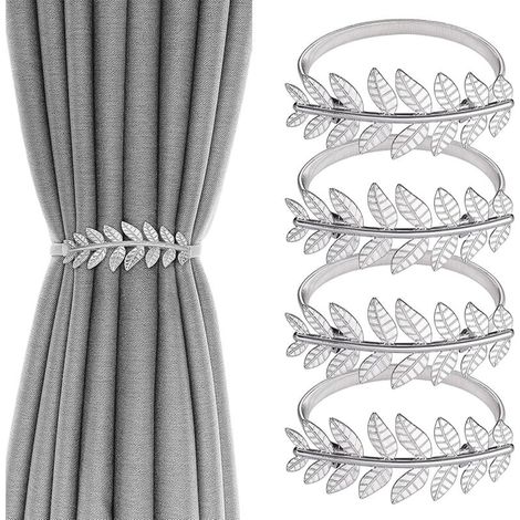 4 Pcs Embrasses de Rideaux, Attache Rideaux Fenetre Pince Cordes à Pinces à Rideaux, Embrasses à Rideaux Réglables, Argenté Feuilles Sangle de Décoration de Rideau pour Maison Bureau Hôtel (1/5)