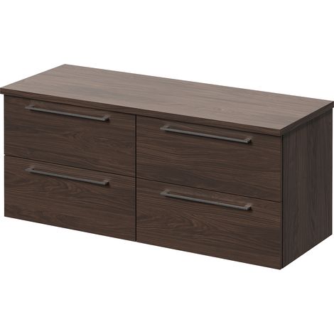 Napoli 460 Brown Oak 1200mm Wall Mounted 4 Drawer Vanity Unit for Countertop Basins - 1200mm - Chrome 320mm Handle