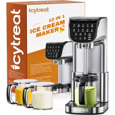 Máquina para hacer helados 12 en 1: equipada con 12 programas preestablecidos de un solo botón, ideal para preparar helado, granizados, sorbetes y más. Incluye 3 recipientes. Perfecta para uso familia (1/5)