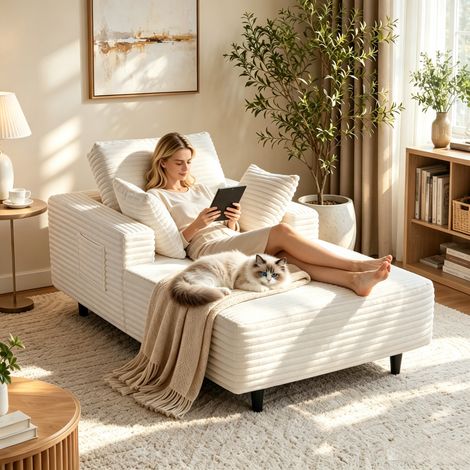 Canapé convertible 1 place en velours côtelé – Méridienne avec accoudoirs et coussins – Dimensions 160x105 cm – Poche de rangement intégrée – Capacité 408 kg