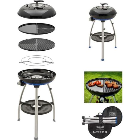 Barbecue portable Cadac Carri Chef 2 – 2 en 1 BBQ plancha combo – Plaque antiadhésive 46cm – Couvercle avec jauge de température – Antarion