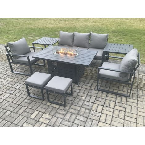 Fimous Aluminium Patio Outdoor Garden Furniture Lounge Sofa Set Gas Fire Pit Dining Table with 2 Side Tables 2 Small Footstools Dark Grey (1/5)