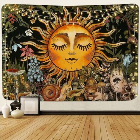 Tapisserie Burning Sun Tapisserie florale vintage Plantes et feuilles Tapisserie mystique hippie Tapisserie d'escargot et de crâne Tapisserie murale à suspendre (51,2 x 59,1 pouces) (1/5)