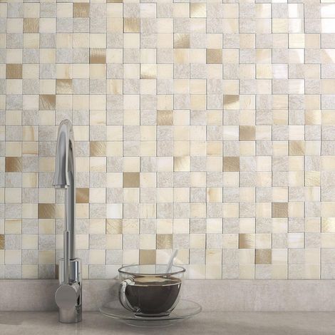Lot de 10 carreaux de mosaïque carrés auto-adhésifs pour crédence de cuisine, carrelage de salle de bain, cheminée, carrelage de douche, carrelage adhésif imperméable (beige, 10 carreaux) (1/5)