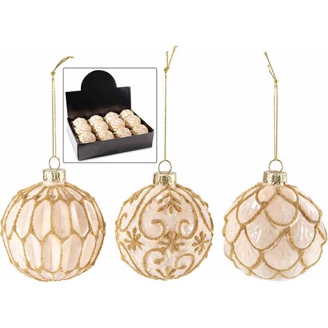 Palline di Natale in vetro da appendere con decori dorati in espositore da 12 pezzi, set da 12 pezzi, Ø 8 cm