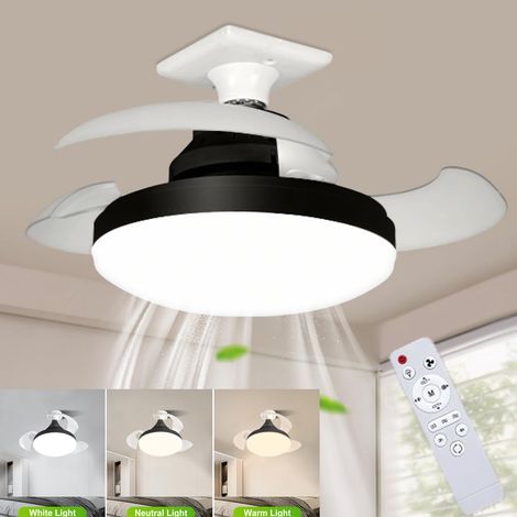 LED Ceiling Fan with Remote Control, Retractable Blades, 3 Wind Speeds, Adjustable Color Temperature (3000-4500K-6500K), 38cm (Black)