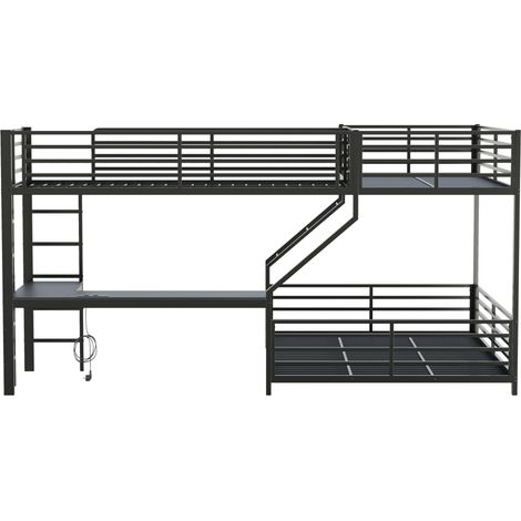 Letto a castello in metallo 3 posti con scrivania 90x200 + 140x200 cm nero (1/5)