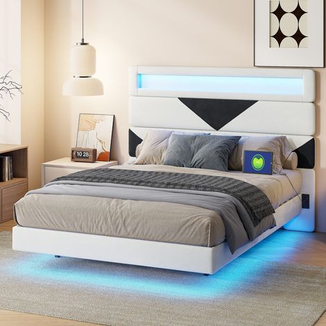 Chambre complete adulte,sommier 160x200,lit deux place,Lit coffre 160x200,lit led 160 x 200,tête réglable-USB-LED-Velours-Beige Noir