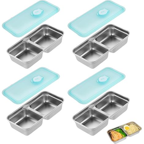 Boîte Repas Inox 2 Compartiments, Lot De 4 Boîtes Alimentaires Réutilisables pour Adultes, Hermétique, Lavable Au Lave-Vaisselle pour École, Travail, Pique-Nique (1/5)