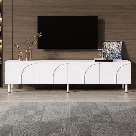 Meuble TV bas de salon 180x35 x49 cm avec 4 portes et 2 rangements séparés pieds métal lignes courbes en trois dimensions MDF Blanc