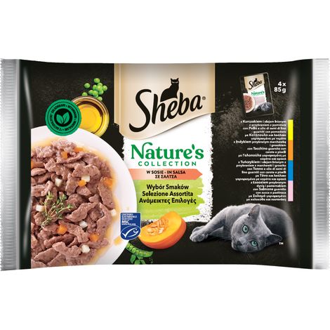 Sheba Cat Natures Collection Selezione Assortita In Gravy con Pollo, Tacchino, Tonno e Salmone - Confezione 4x85 Gr -