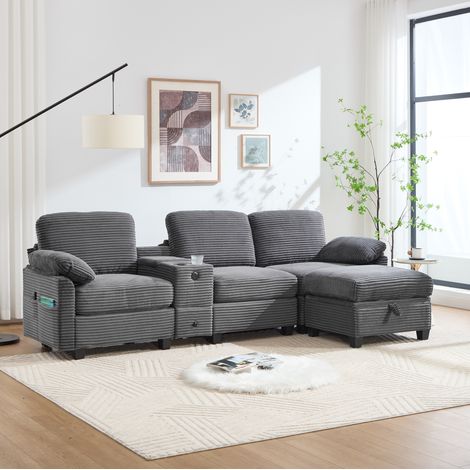 Canapé en velours côtelé gris foncé 266 cm avec console coulissante, USB-C et pouf coffre (1/5)