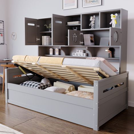 Canapé-lit gris 90x200 avec rangement hydraulique - Grand tiroir, lit jeune et cadre de lit , lit simple - (Sans matelas) (1/5)