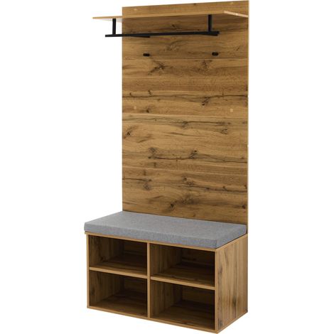 Set de entrada con zapatero y banco acolchado efecto madera roble 84 x 35 x 175 cm (1/5)