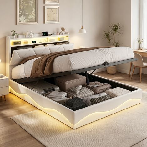 Bett mit Stauraum 90 x 200 cm, hydraulischer Stauraum, kabelloses Laden mit USB- und Typ-C-Anschlüssen, beiger Samtbezug, LED-Beleuchtung mit Fernbedienung