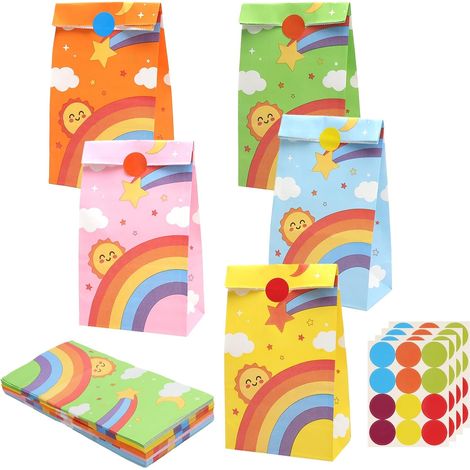 50 sacs sachet anniversaire enfant enfant, sacs en papier colorés avec 48 autocollants, sacs cadeaux arc-en-ciel pour bonbons, sacs cadeaux pour mariages baptêmes Halloween Noël (22 x 12 x 7 cm) (1/5)