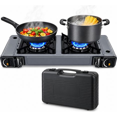 Doppio Fornello a Gas Portatile 2 Fuochi 3,8 kW con Accensione Piezo, Cartucce MSF-1A 227 g, Paravento Laterale e Valigetta, Fornello da Campeggio Outdoor 68x28x11 cm (1/5)