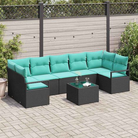 Sofa Set 8 pcs Schwarz und Türkis Poly-Rattan
