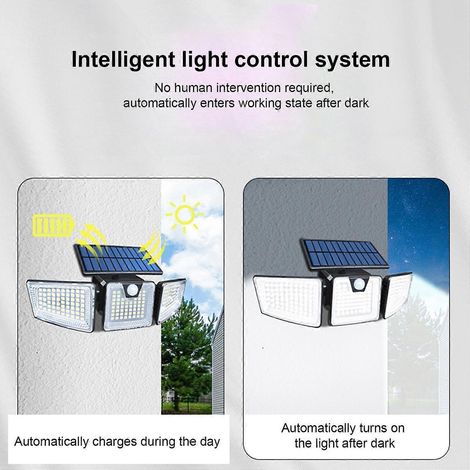 Applique murale extérieure à LED ultra-lumineuse, alimentée à l'énergie solaire, triple éclairage, étanche IP65 et réglable. (1/4)
