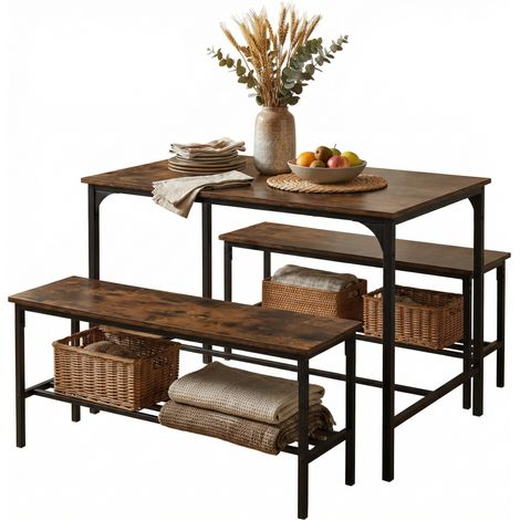 FurnitureR Ensemble de 3 tables à manger de 110 cm avec 2 bancs, structure en acier et bois, style industriel brun rustique, pour 4 personnes, cuisine, restaurant, Marron (1/5)
