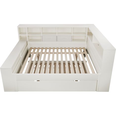 Lit coffre 140x200 blanc avec lit gigogne, 8 rangements et ports USB Type-C, en bois, sans matelas (1/5)