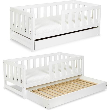 Monmobilierdesign – Lit enfant 160x80 cm blanc – Tiroir gigogne – Barrière de protection – Aggloméré, peinture non toxique – Fabriqué en UE (1/5)