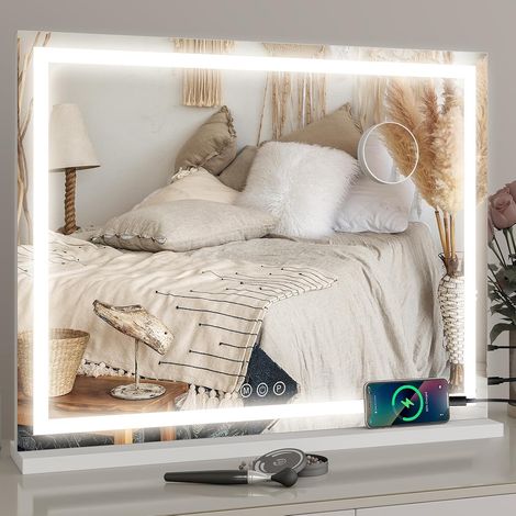 Grand Miroir Coiffeuse de Maquillage LED 70 x 57 cm, 3 Couleurs, Charge USB, Luminosité Réglable, Miroir Lumineux de Table Cosmétique, Grossissant 10x, Blanc (1/5)