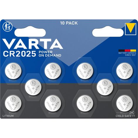 VARTA Piles Bouton CR2025, lot de 10, Power on Demand, Lithium, 3V, emballage sécurisé pour les enfants, pour appareils Smart Ho