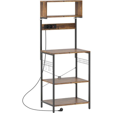Scaffale da cucina autoportante con 5 ganci a S, 5 ripiani e prese, acciaio, marrone rustico (1/5)