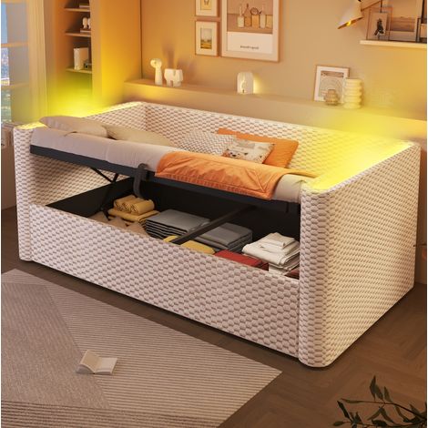 MEUBLIV Cama nido 90x200 cm beige con LED, arcón hidráulico y somier, sin colchón (1/5)
