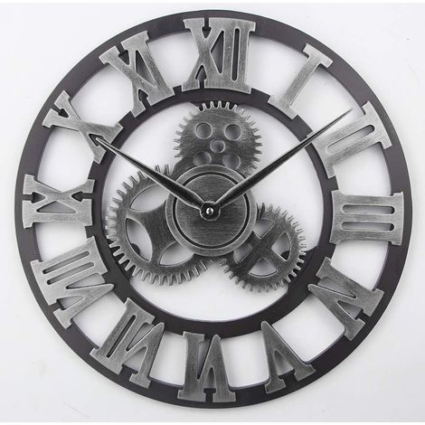 Große 3D-Retro-Wanduhr, geräuschlose, nicht tickende Wanduhr mit Holzzahnrad, rustikale Vintage-Quarzuhr für die Wohnzimmerdekoration (silberne römische Ziffern, 40 cm)