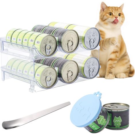 Cat Food Container Organiser with Can Lid and Stainless Steel Spoon, 2 Tiers Stackable, Perfect for Storing Cat Food Cans, Can Organiser in the Pantry (1/5)